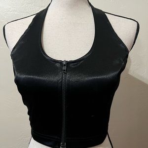 Vintage 80’s Born in America shiny halter top with front zipper.